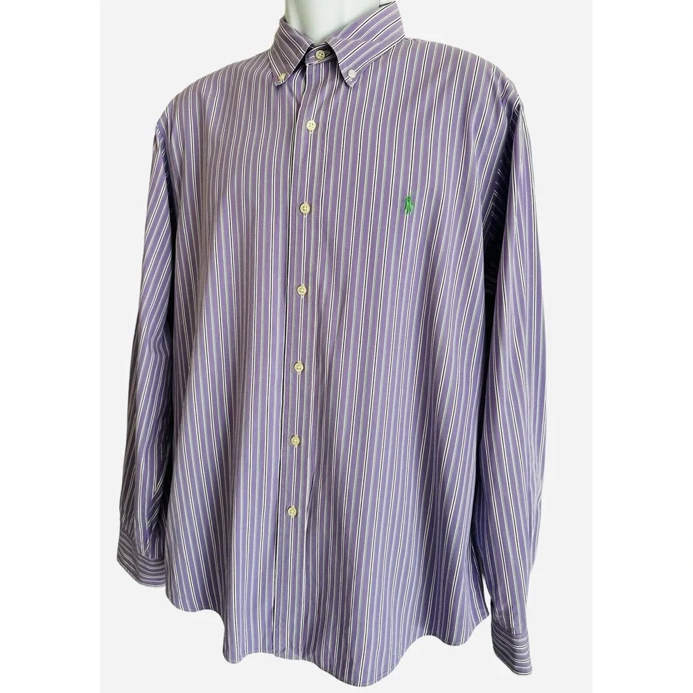 Polo Ralph Lauren Men Shirt Purple Stripe Custom Fit LS Green Pony 17 34/35 XL‎